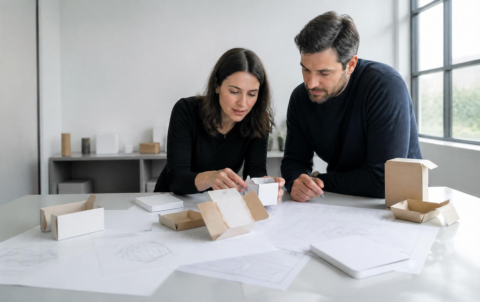 Ingenieros de empaque revisando prototipos y planos técnicos