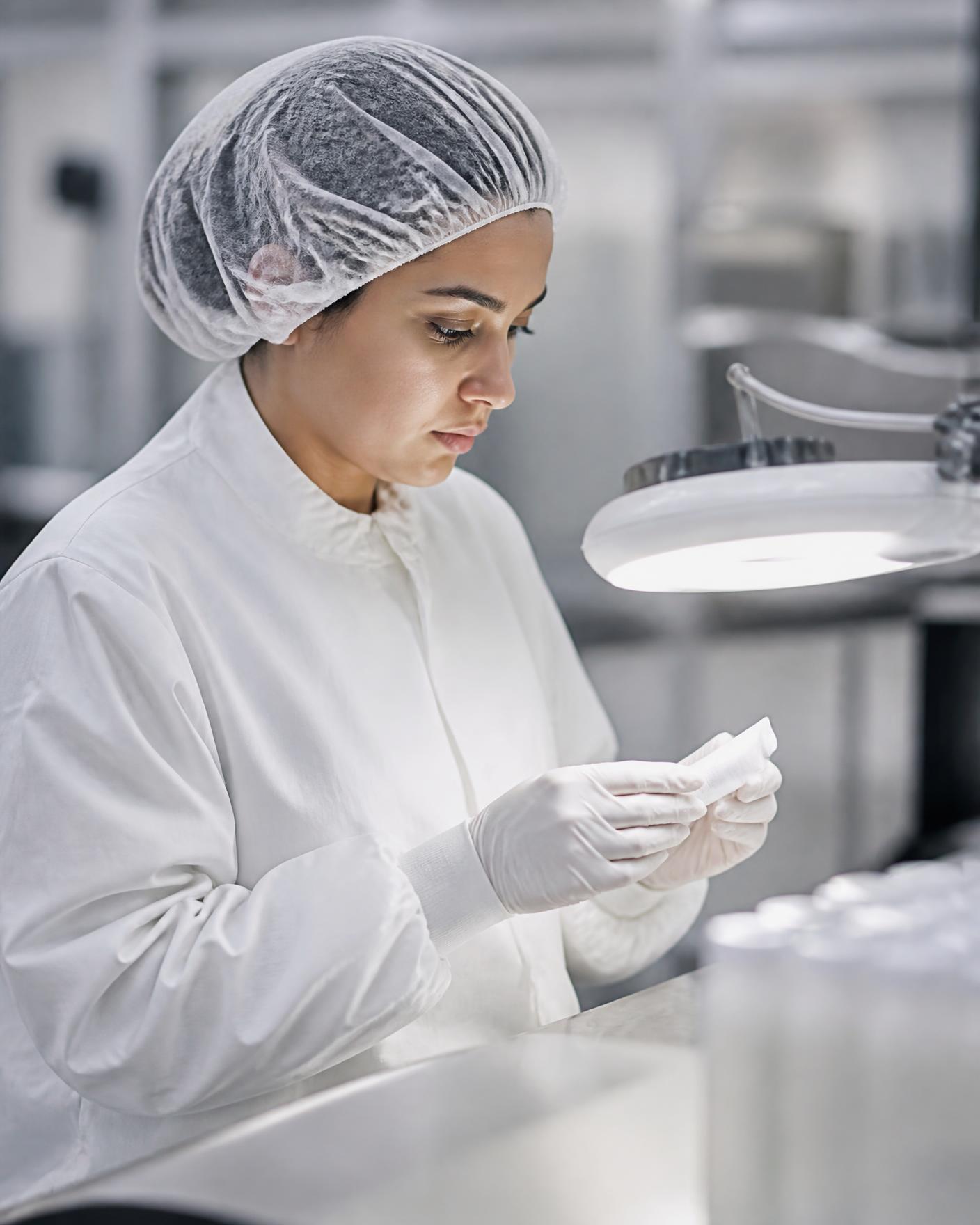 Técnica de control de calidad inspeccionando un envase en laboratorio